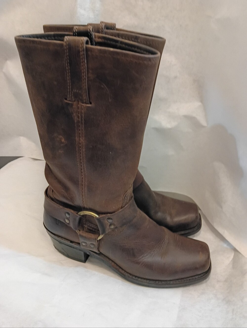 Vtg Frye Womabs Boots Harness Brown Square Toe Black Label 8M Southwest - Picture 14 of 16